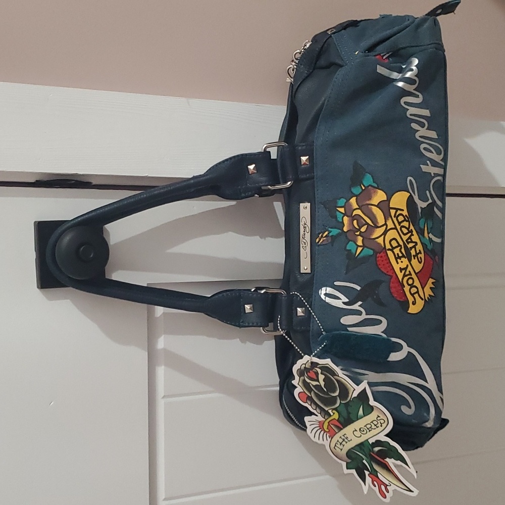Ed Hardy Bag Small Duffle Barrel Purse Canvas Sandy Teal NWT